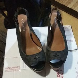 Black & grey  open toe Coach wedges